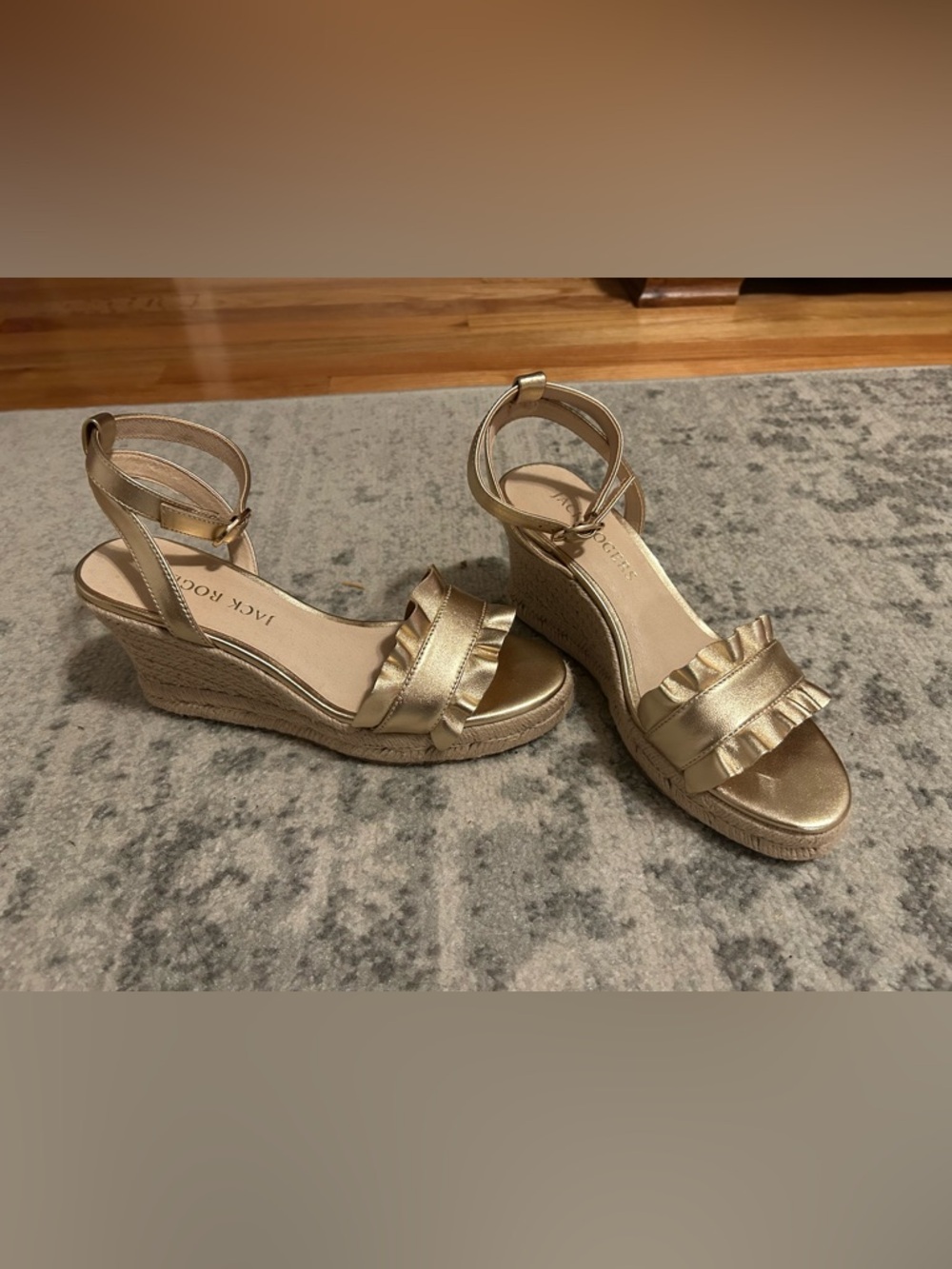 Jack Rogers Metallic Gold Ruffle Espadrille Wedges